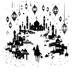 Obraz premium Silhouette of a middle eastern city with lanterns and a rider on a horse at the bottom center