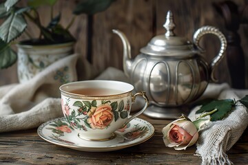 A set of delicate porcelain teacups, hand-painted with roses, placed neatly on a vintage wooden table beside a silver teapot