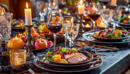 Naklejka premium Elegant Thanksgiving Dinner Table Setting with Candles Wine and Festive Food for a Special Holiday Celebration