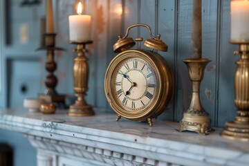 A vintage brass clock with Roman numerals, resting on a polished marble mantel, surrounded by antique brass candleholders 