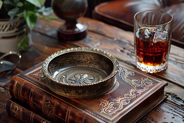 A vintage brass ashtray with intricate engravings, resting on a weathered wooden coffee table next to a glass of whiskey and a leather book 