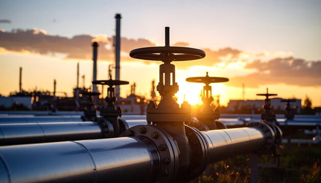 Pipes valves at sunset with oil refinery.