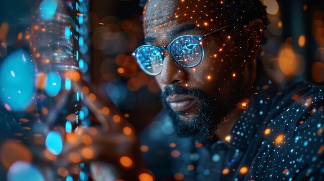 Man in glasses interacts with futuristic, glowing interface with blue & orange particle bokeh overlay
