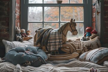 A vintage hand-carved wooden rocking horse, placed in front of a quaint window, surrounded by soft cushions and old-fashioned toys 