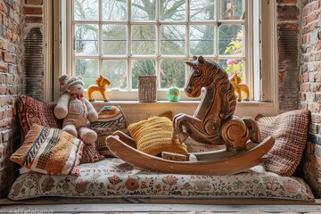 A vintage hand-carved wooden rocking horse, placed in front of a quaint window, surrounded by soft cushions and old-fashioned toys -