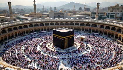 a large gathering of people in a circular formation around the kaaba, an islamic holy site, during a time of communal prayer, captured from an aerial perspectiv