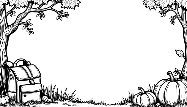Autumn backpack and pumpkins frame – Kids coloring page, educational activity