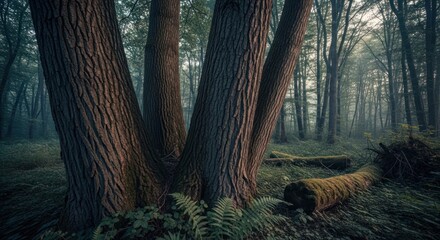 Misty forest, gnarled tree trunks