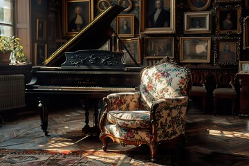 A vintage wooden armchair with floral upholstery, placed next to a grand piano in a dimly lit room with antique portraits on the walls 