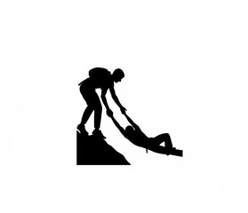 Silhouette of person helping someone up from fall on white background