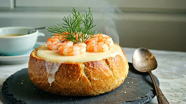 Delicious seafood chowder served in a bread bowl with shrimp and dill, warm and inviting setting