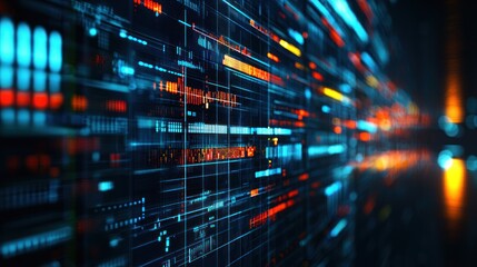 Abstract grid with blue and orange lights receding into blurry depth