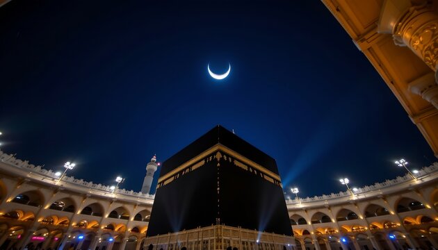 a nighttime view of a grand mosque with its illuminated minarets and domed roof - Powered by Adobe