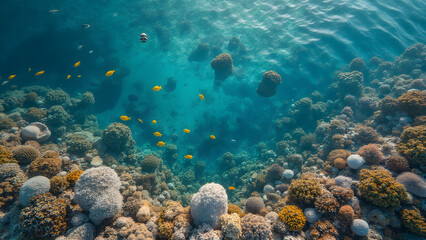 Fototapeta premium Aerial view of vibrant coral reefs. Stunning underwater ecosystems in clear water. Explore colorful marine life. Experience the beauty of tropical coral gardens.