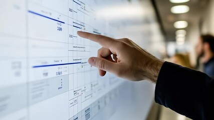 Hand pointing at a large scheduling grid on a board in front of a meeting