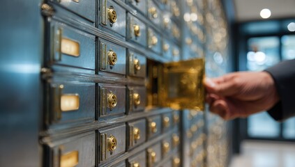 A hand reaches into a row of metallic mailboxes or compartments, one slightly ajar, revealing a golden interior.  The setting appears to be a modern building's interior