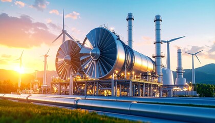 Power plant and wind turbines at sunset.