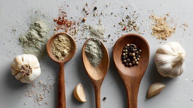 Various spices on wooden spoons with seeds and pepper closeup