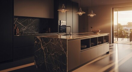 Modern kitchen with marble island, open patio view