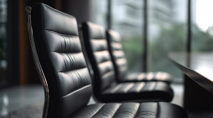 Three upscale black leather office chairs sit near a large window overlooking a city, suggesting a modern, professional workspace