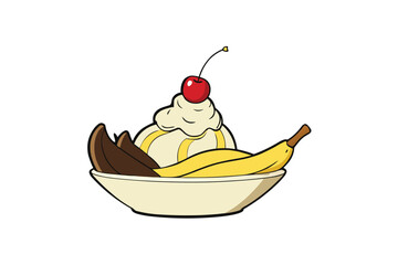 Animated style banana split dessert with cherry topping