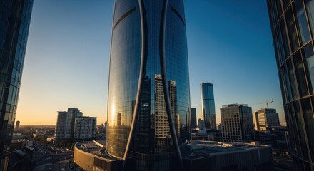Obraz premium Modern skyscraper at dawn, city skyline reflected