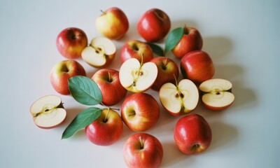 Arrangement of whole & sliced apples with leaves on a light surface