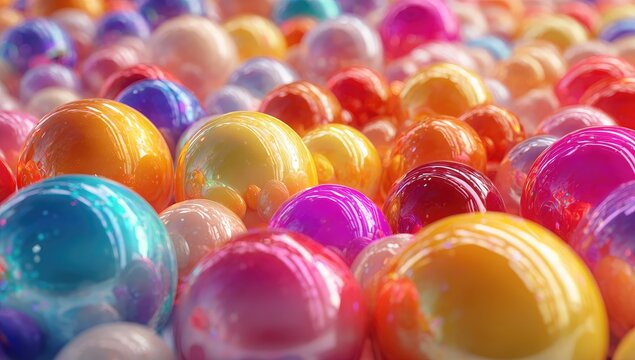 A close-up shot of numerous glossy spheres in a vibrant array of pastel and jewel-toned colors, creating a visually engaging texture and depth