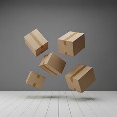 Cardboard boxes levitating in a room.