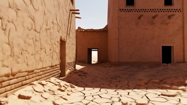 Cinematic Journey Through a Desolate Ancient Desert Village with Cracked Mud Architecture