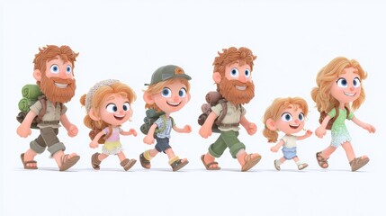 Fototapeta premium Animated family of five hiking together, all smiling and wearing casual outdoor clothing with backpacks, set against a plain background.