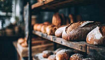 Variety of breads displayed on wooden shelves.