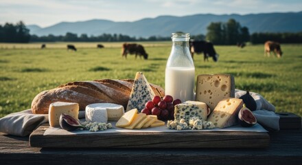 Fototapeta premium Assortment of cheeses, bread, fruit, and milk on board in farm landscape