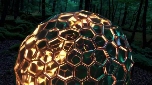 Geometric glowing ball loops seamlessly in natural forest background
