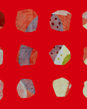 Red background with irregular multi colored geometric shapes. Each shape with unique pattern