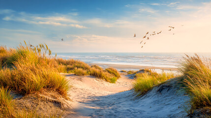Golden hour at the beach with sand dunes and sea oats creating a tranquil coastal landscape scene featuring birds in flight