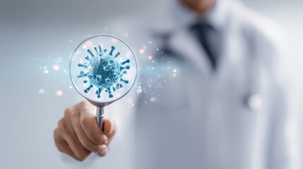 Medical Investigation: A medical professional, in a crisp white coat, intently examines a visual representation of a virus through a magnifying glass, symbolizing the in-depth study of disease.