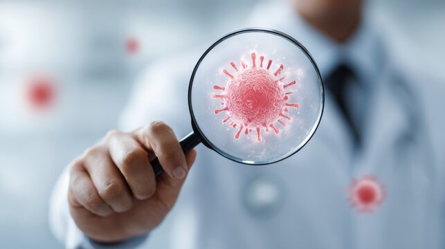 Microscopic Discovery: A medical expert, meticulously examines a magnified virus. The image presents a close-up view of the virus and the doctor.
