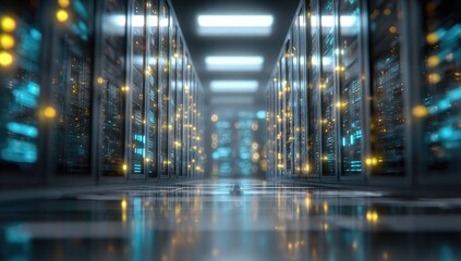A long hallway of server racks, glowing with data activity, reflects on a polished floor. The scene is dark, emphasizing the technology