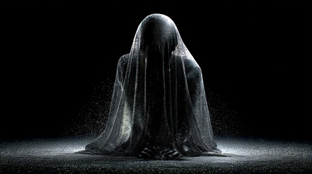 A mysterious figure shrouded in a translucent veil, illuminated by dramatic lighting, creating an ethereal and enigmatic atmosphere against a dark background.
