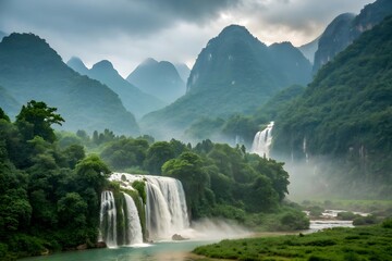 Majestic twin waterfalls cascade down lush green mountains in a misty chinese landscape