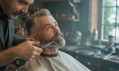 Barber trims customer's beard with scissors in a classic barbershop