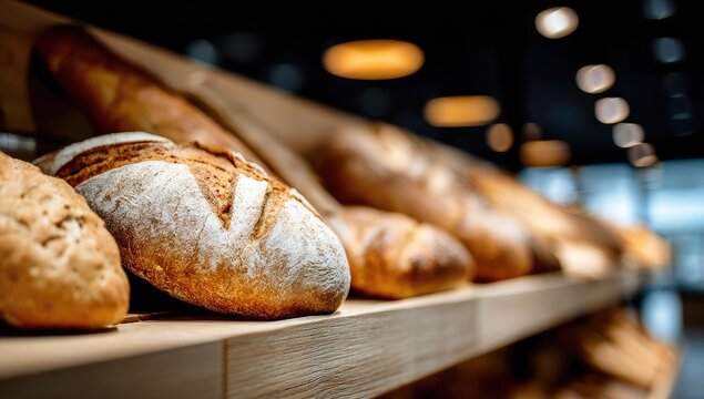 Variety of baked goods displayed on wooden shelves.