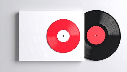 Retro vinyl record with vibrant red label and white album cover art illustration