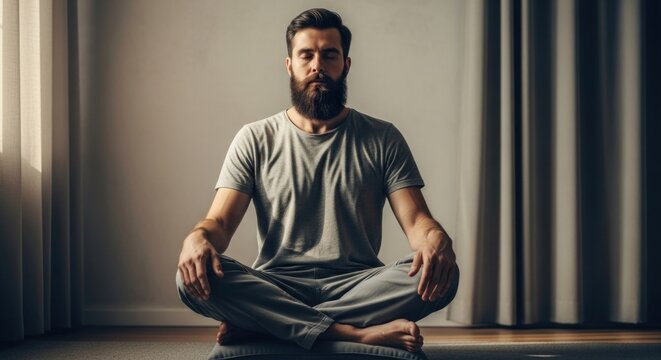 Bearded man meditates cross-legged in simple room near light