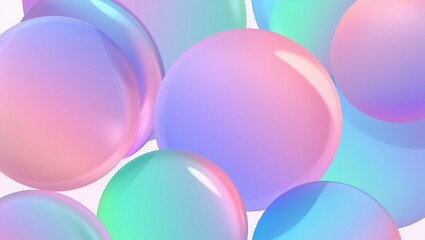 Multiple translucent glossy circles overlap and intersect within a three-dimensional space, displaying smooth gradients of pastel pink, lavender, mint green, and baby blue. Subtle highlights and shado