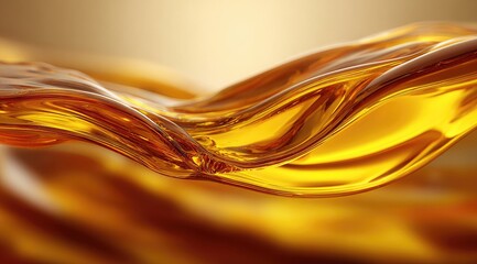 Golden liquid flows in elegant, undulating waves, showcasing its viscous texture and translucent amber hue against a soft, blurred background