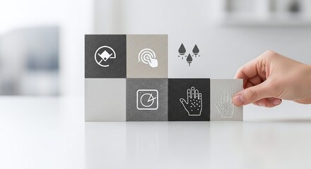 Hand assembling blocks with technology icons for security, biometrics, and digital assets. Concept of business strategy, innovation, and system integration