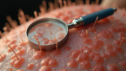 Magnifying Glass Reveals Skin Microorganisms. Explore Cellular Life on Human Skin. Discover the Hidden World of Skin Organisms. Ultra Realistic Close-Up of Skin Cells.