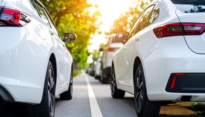 Fototapeta premium Row of gleaming white cars parked on a tree-lined street basked in sunlight serenity scene